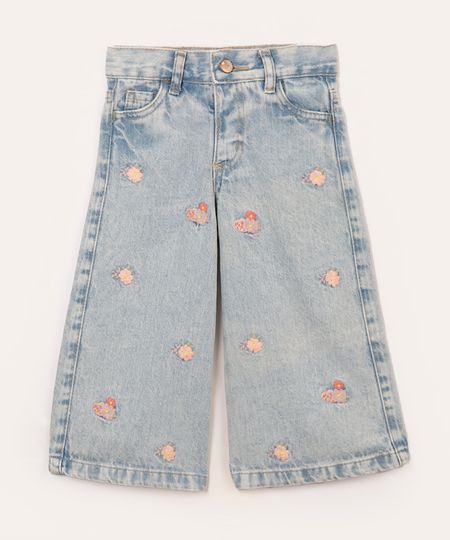 calça jeans infantil wide leg bordado floral azul claro 1
