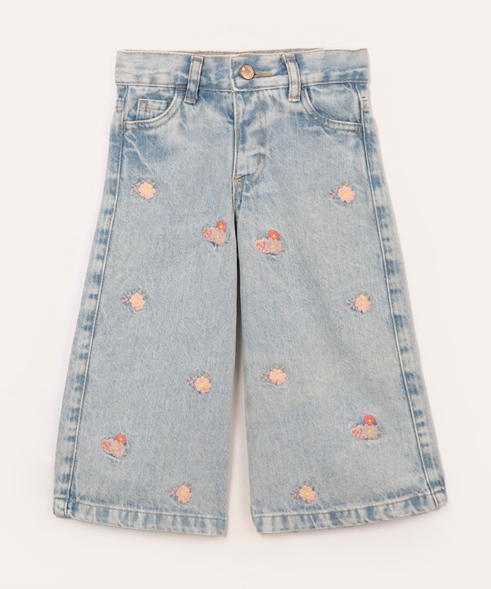 calça jeans infantil wide leg bordado floral azul claro