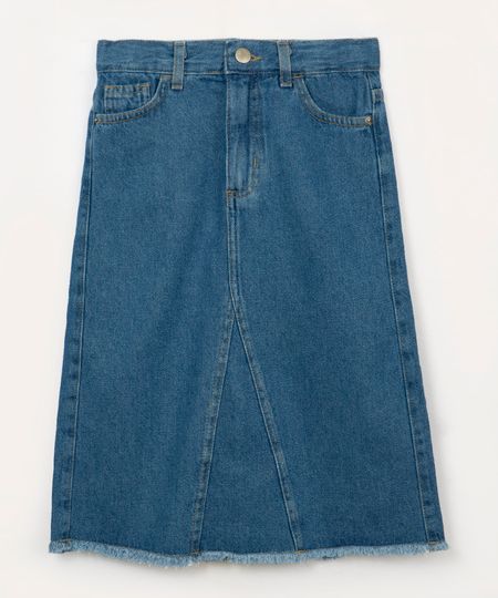 saia jeans infantil midi com recorte azul 6 saia jeans infantil midi com recorte azul 6