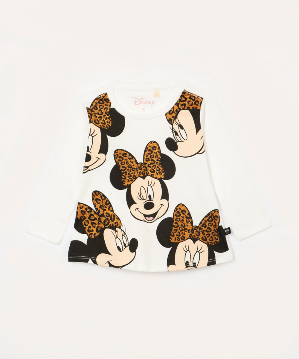 blusa infantil de algodão manga longa minnie off white