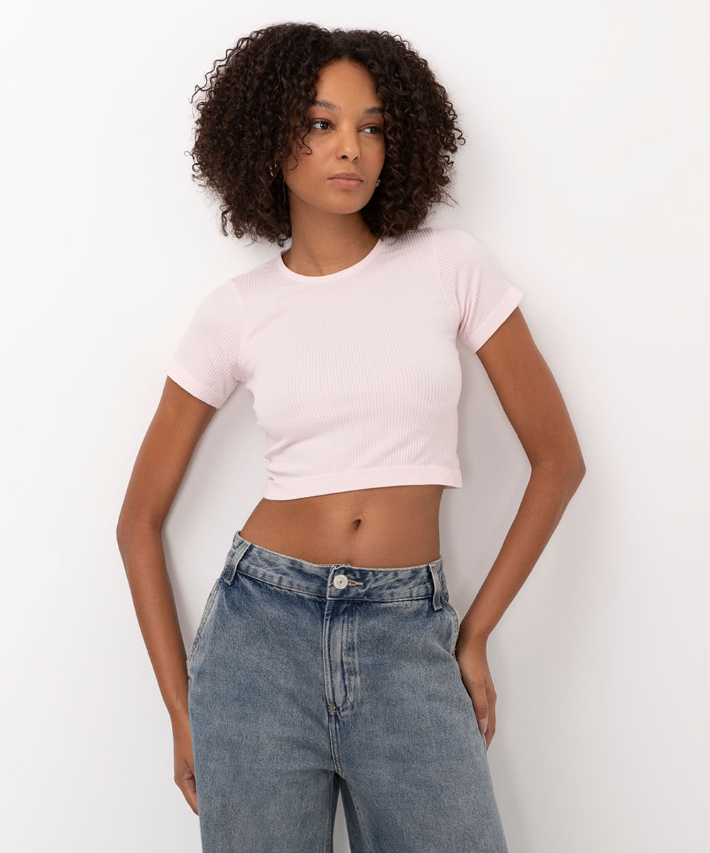 cropped de poliamida básico manga curta rosa