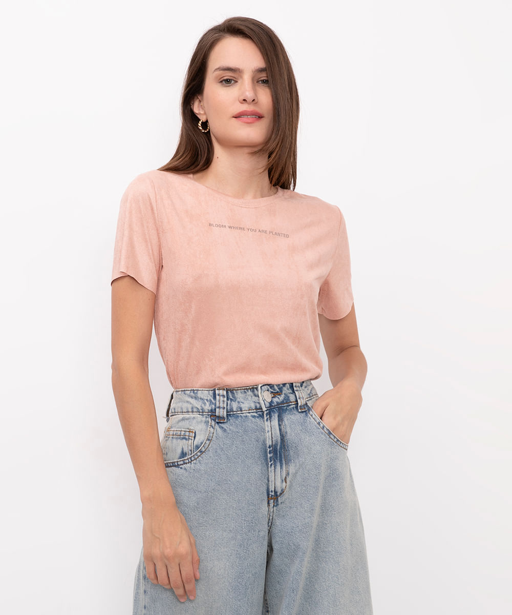 blusa de suede manga curta bloom rosa