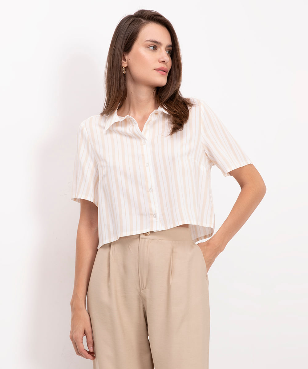 camisa cropped de viscose listrada bege