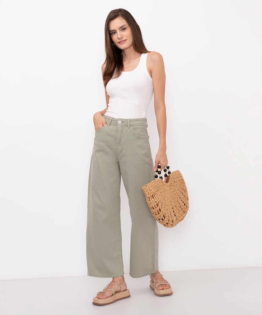 calça de sarja wide leg cropped verde claro