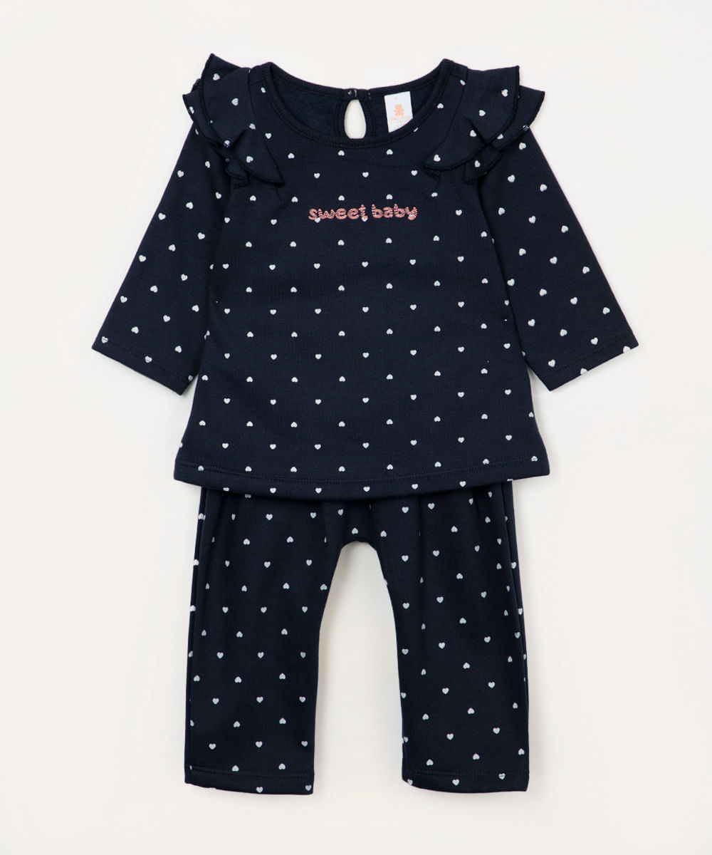 conjunto infantil longo de moletom corações azul marinho