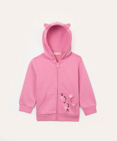 blusão infantil de moletom com capuz gatinha rosa 2