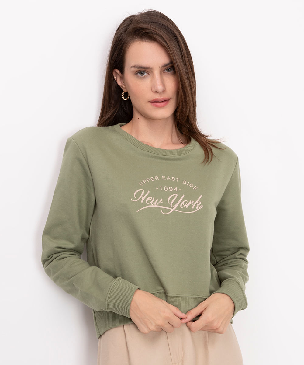 blusa de moletom cropped new york verde