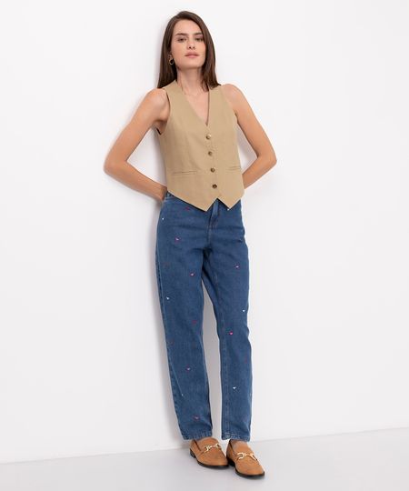 calça jeans mom cintura super alta bordada azul 34