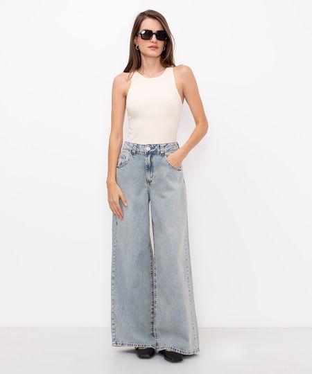 calça jeans super wide leg cintura média azul 38