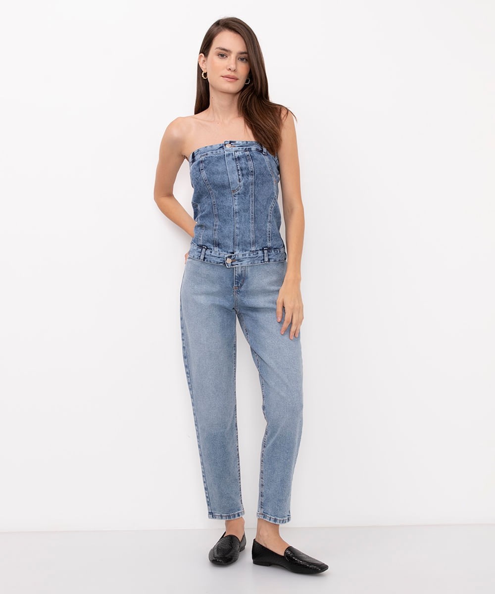 calça jeans mom fit cintura super alta azul