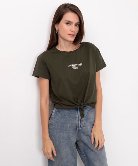 camiseta de algodão manhattan com nó verde militar P