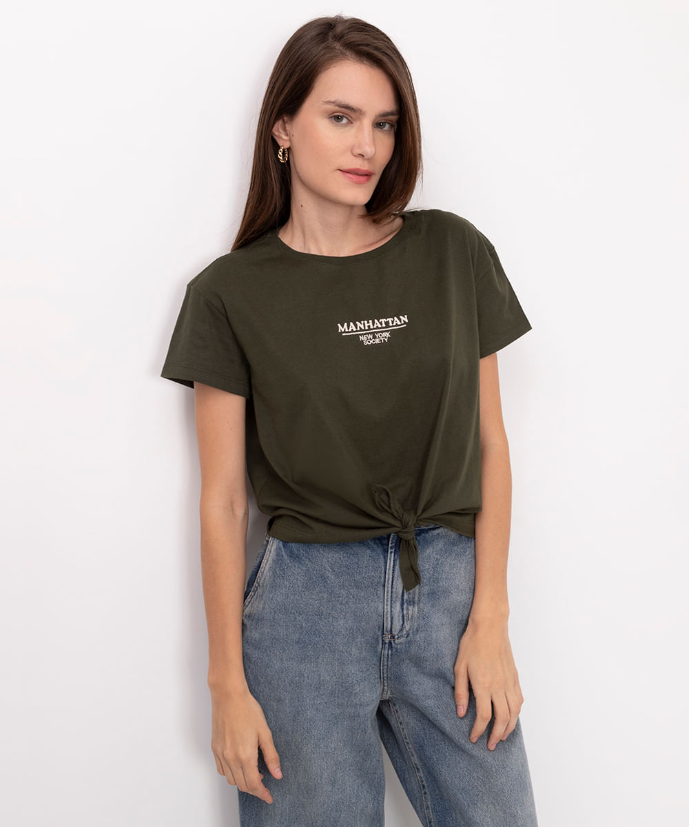 camiseta de algodão manhattan com nó verde militar