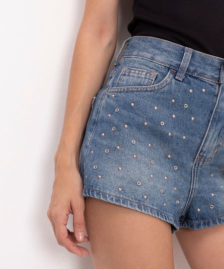 short jeans cintura super alta com aplicações azul 34 short jeans cintura super alta com aplicações azul 34