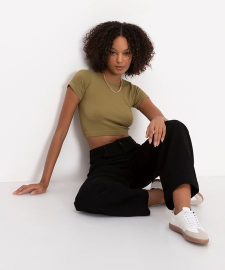 cropped de poliamida básico manga curta verde PP cropped de poliamida básico manga curta verde PP