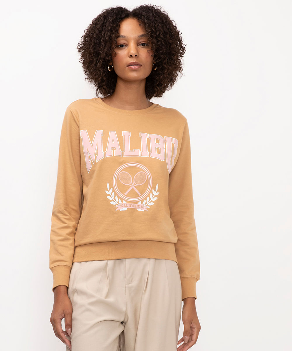 blusão cropped de moletom malibu bege