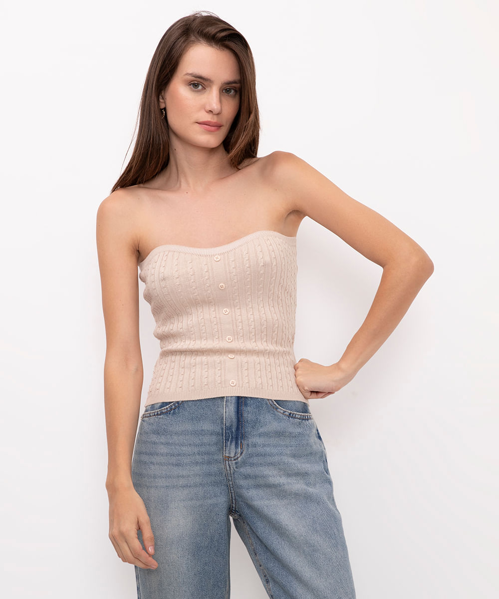 blusa de tricot sem alças com botões bege