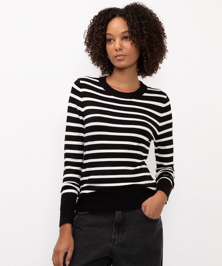 suéter de tricot listrado com botões preto P