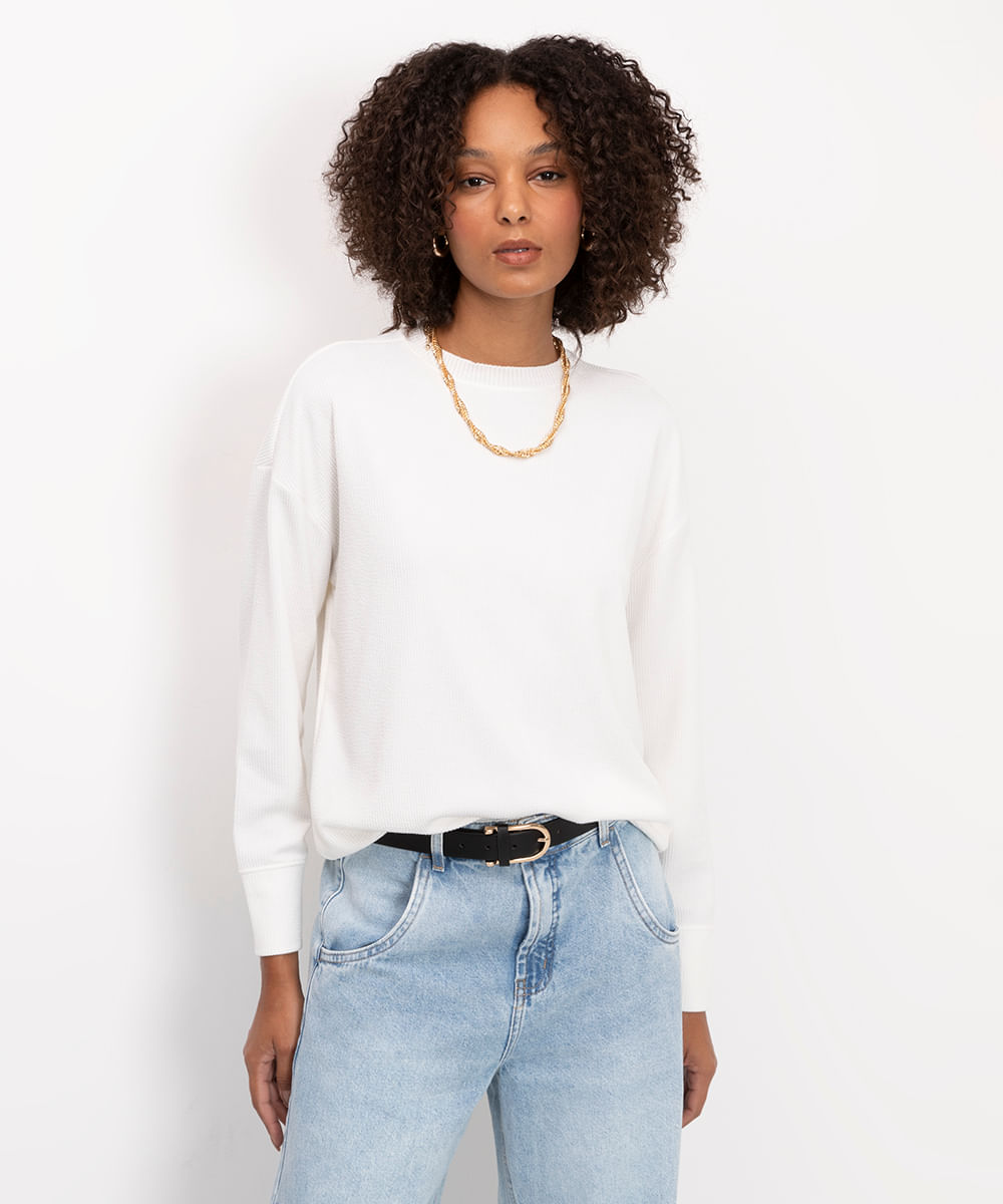 blusa texturizada manga longa off white