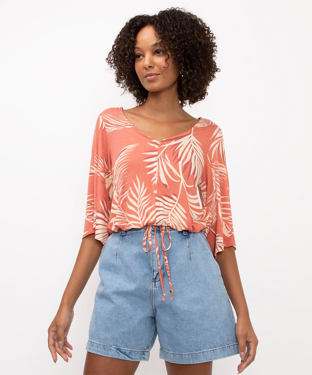 blusa de viscose folhagem botões laranja