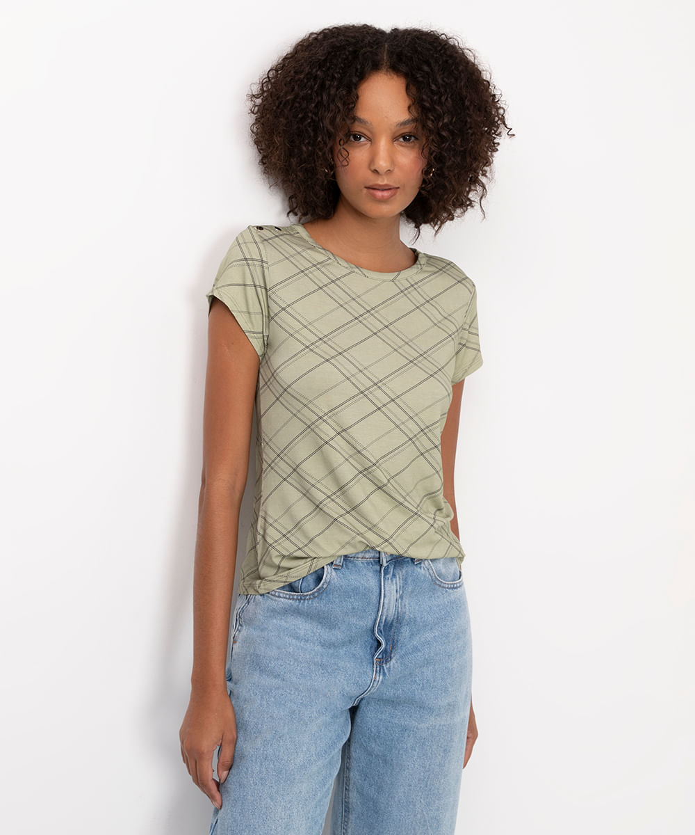 blusa de viscose quadriculada com botões verde