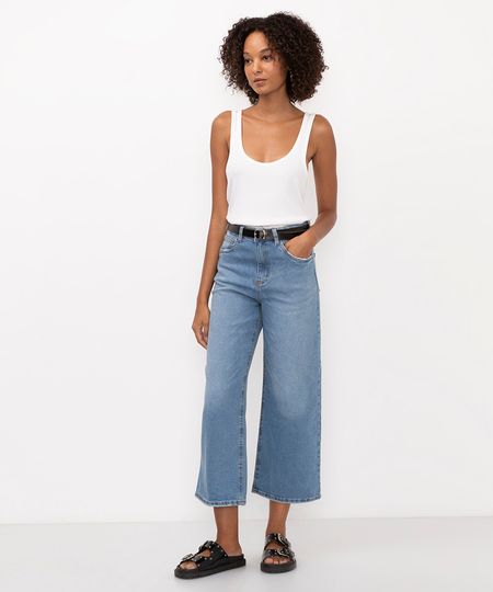calça jeans wide leg cropped cintura alta com cinto azul 36