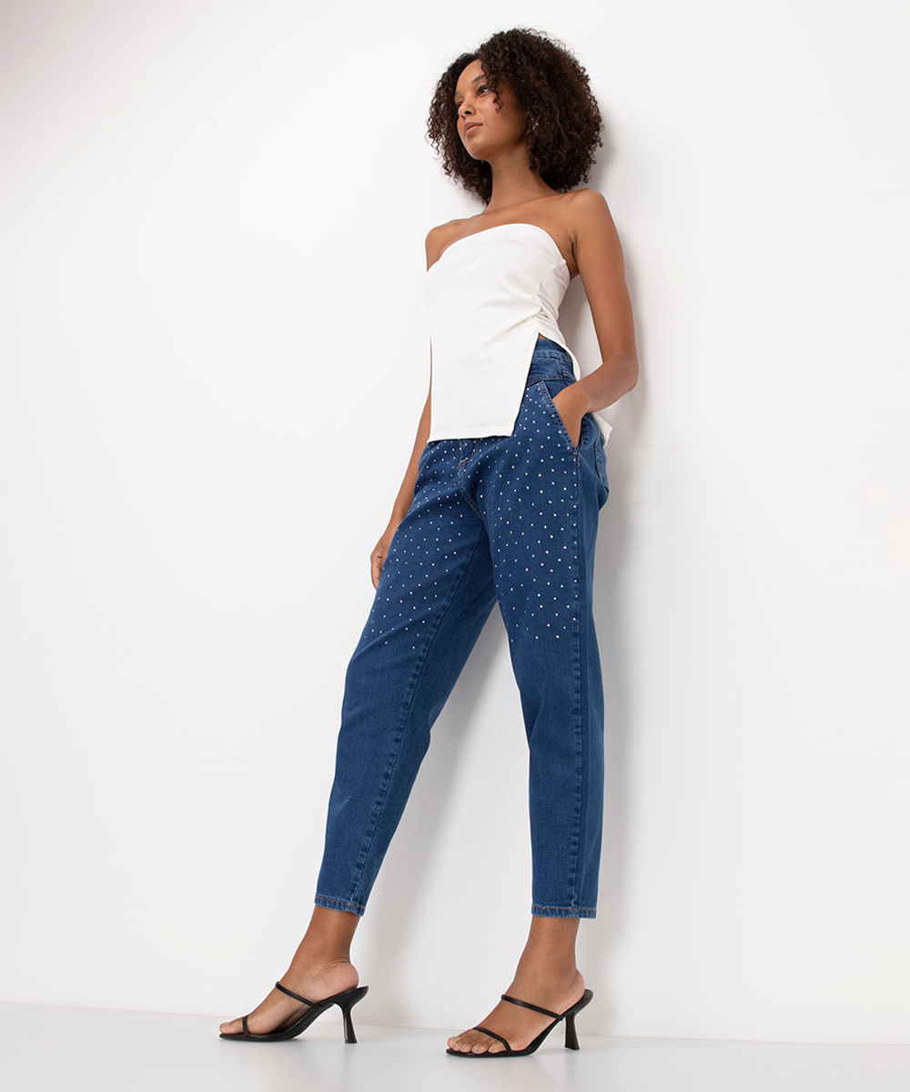 calça jeans mom brilhos cintura alta sawary azul escuro