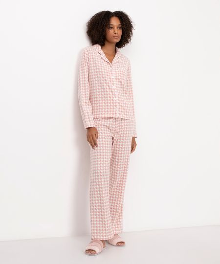pijama americano longo pied de poule rosa P