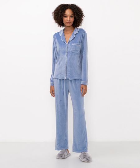 pijama americano longo de plush azul P