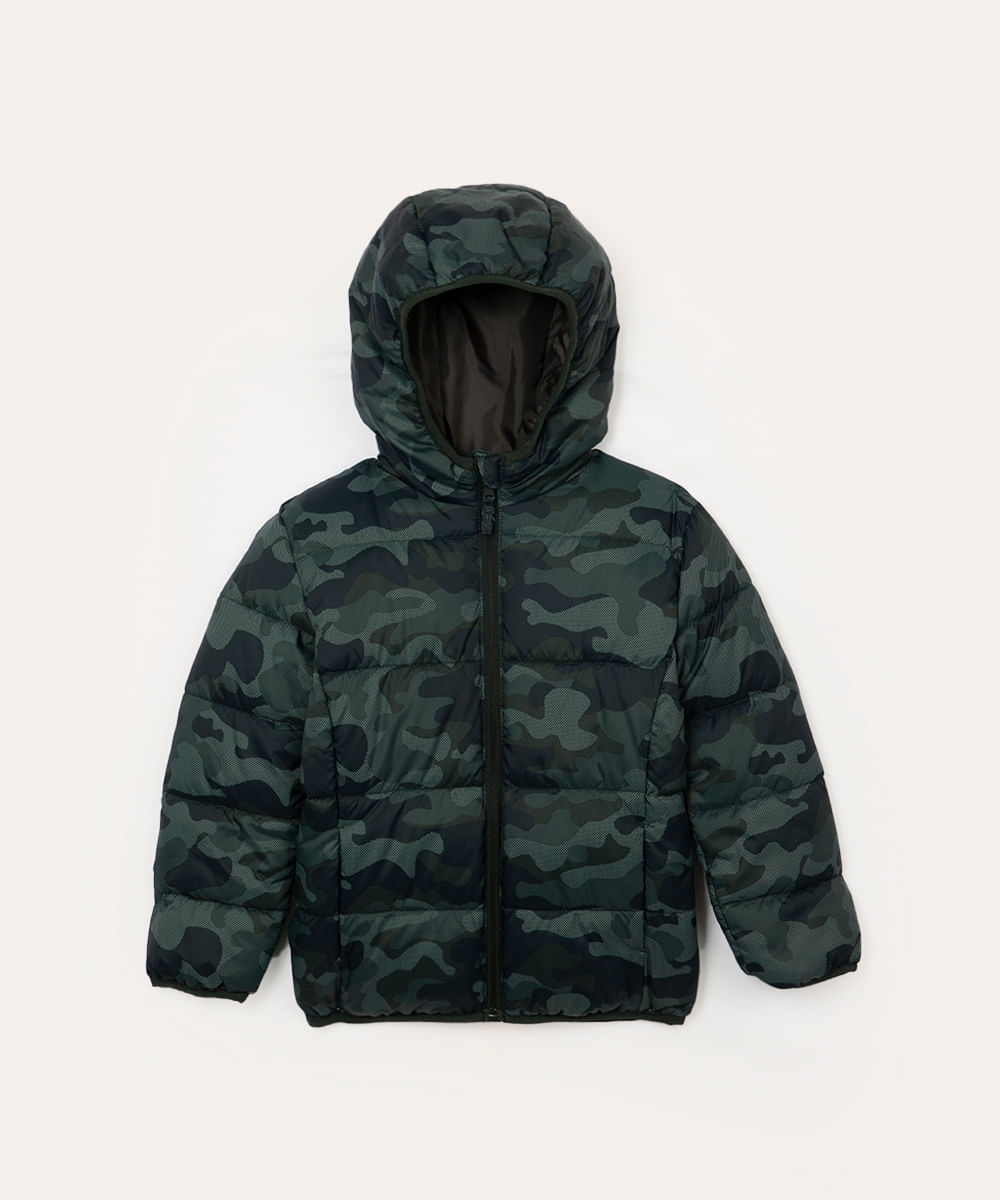 jaqueta puffer infantil camuflada verde militar