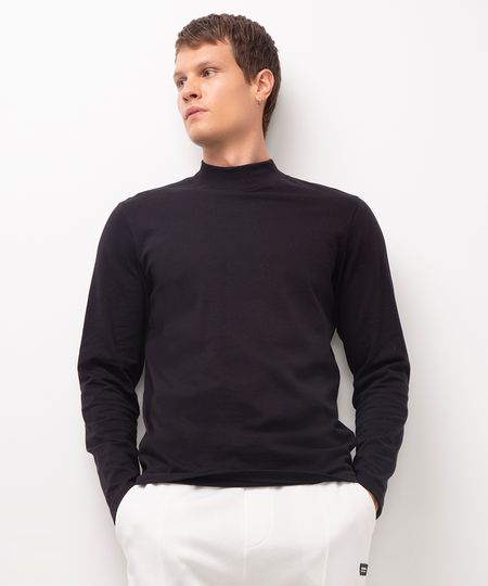 camiseta de algodão manga longa gola alta preto M