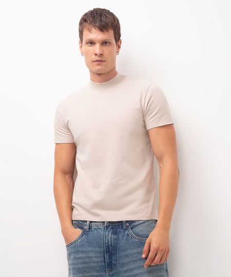 camiseta de algodão slim gola alta bege P camiseta de algodão slim gola alta bege P