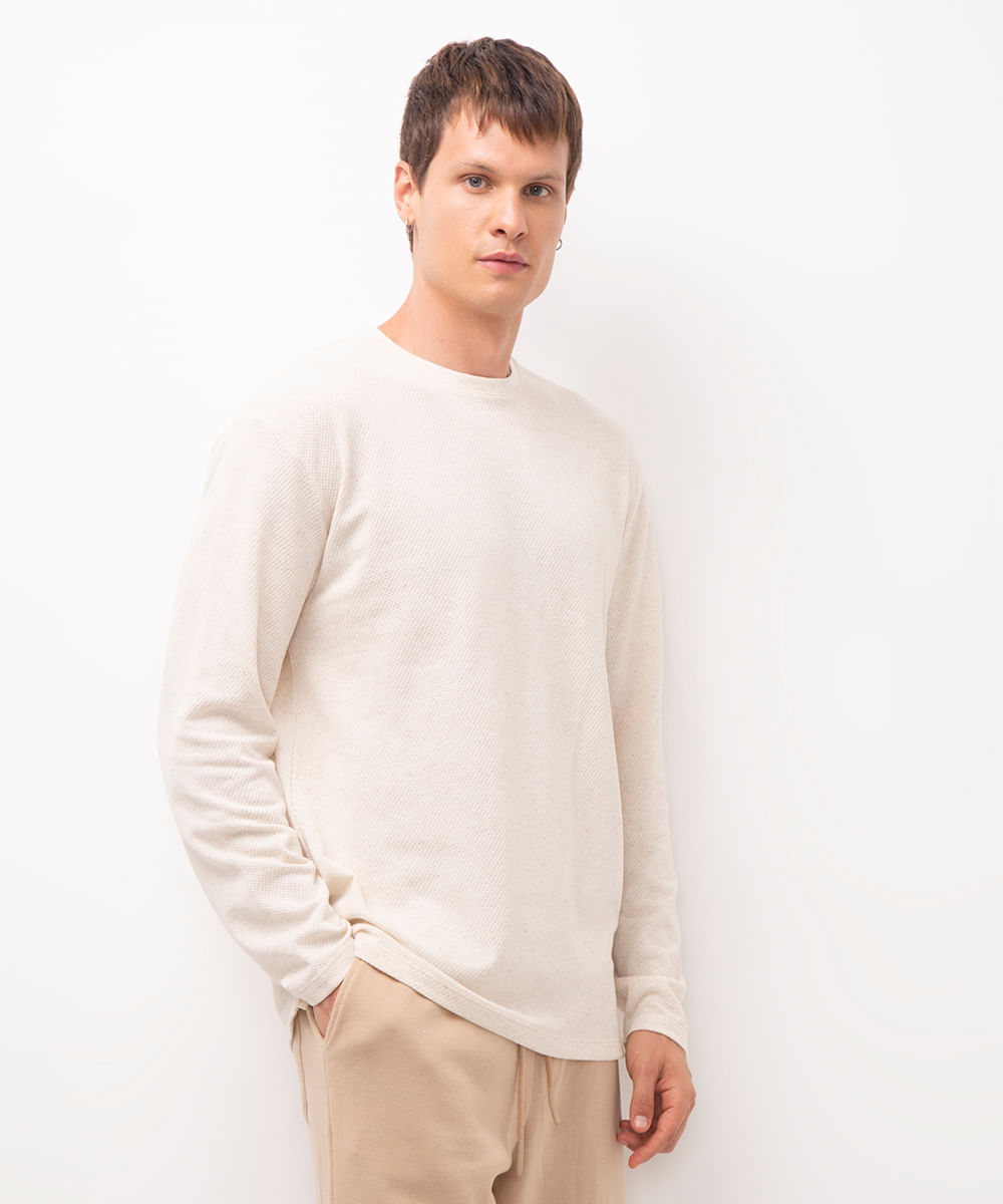 camiseta de tricot manga longa texturizada bege