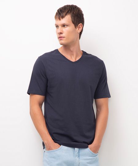 camiseta masculina básica manga curta gola v azul GG