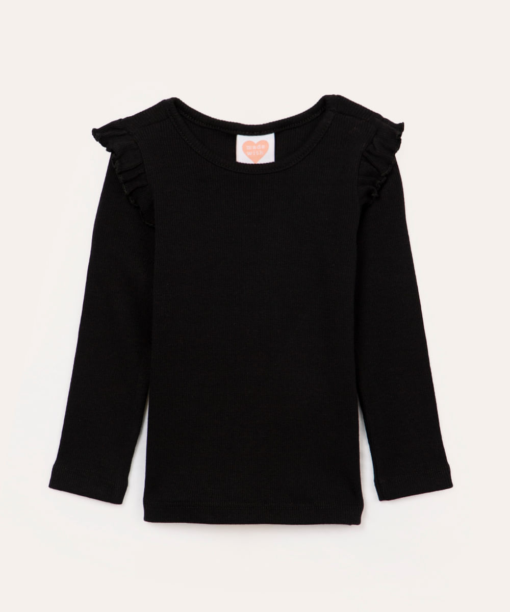 blusa infantil manga longa com babado preto