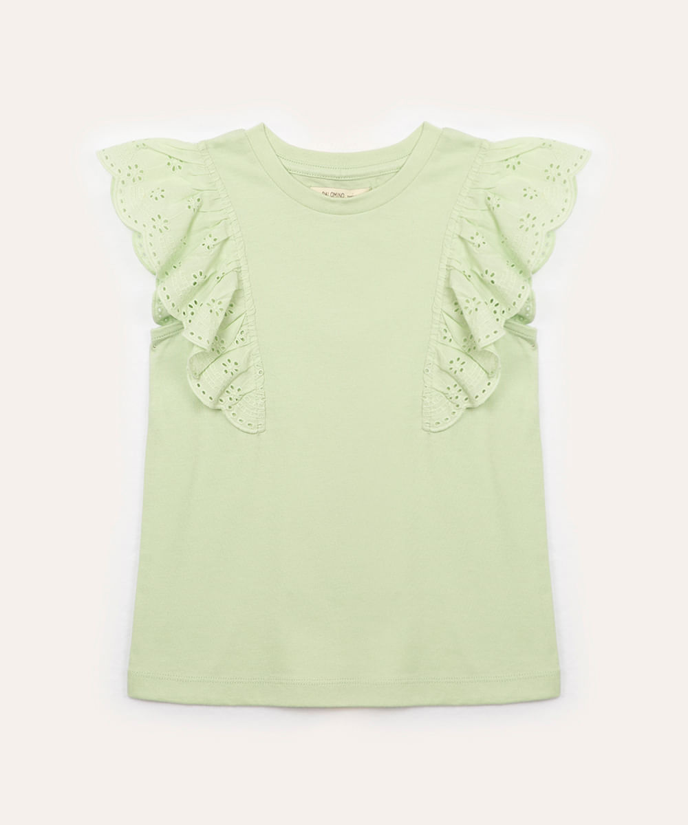 blusa de algodão infantil babado de laise verde