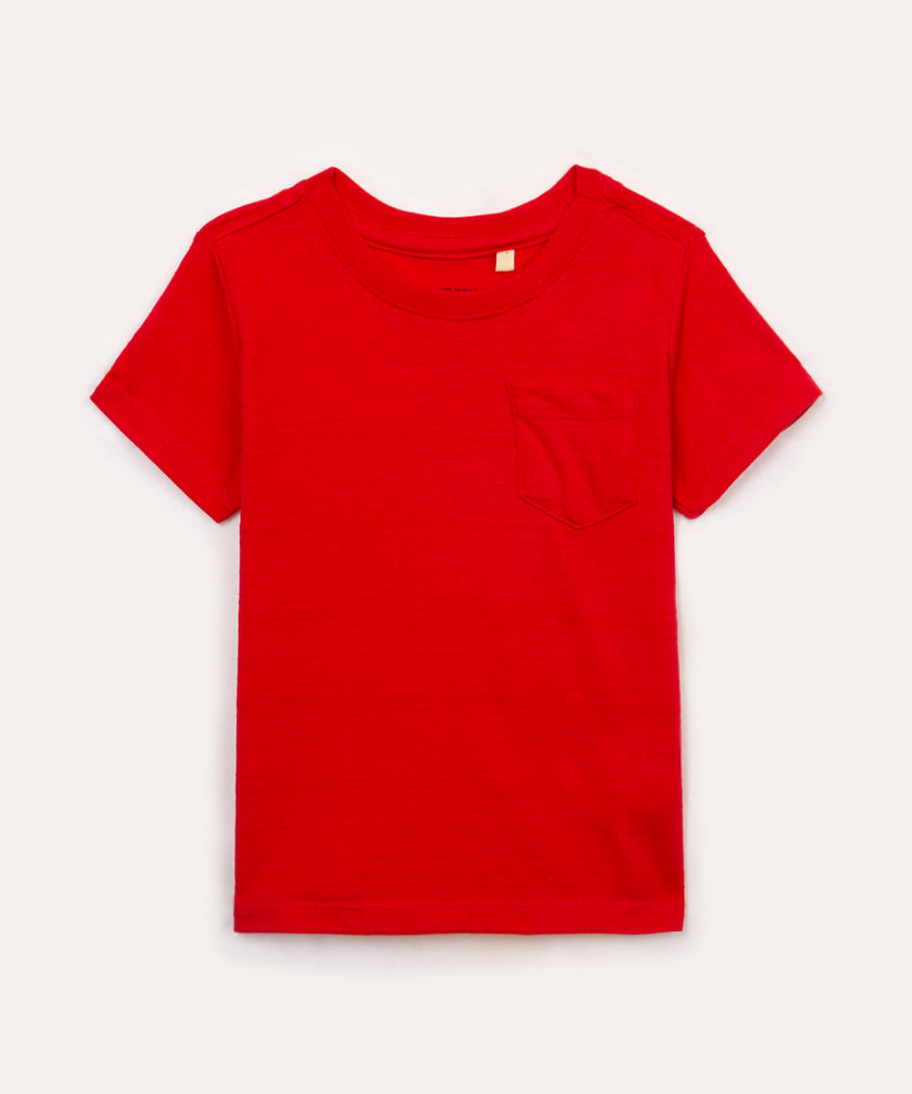 camiseta infantil texturizada com bolso vermelho