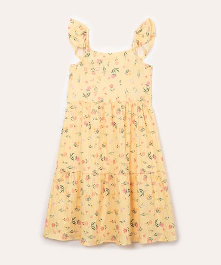 vestido de algodão infantil floral amarelo 4