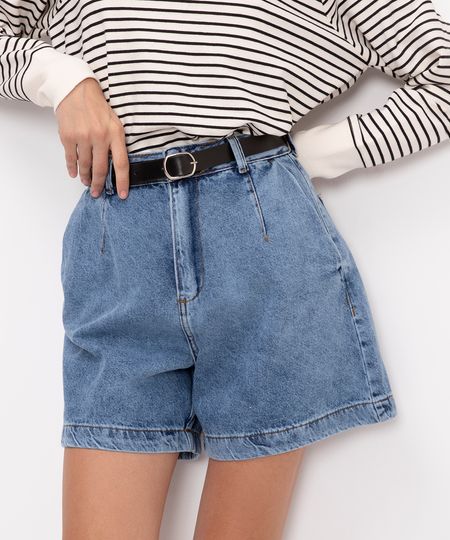 bermuda jeans cintura super alta com pregas azul 34 bermuda jeans cintura super alta com pregas azul 34