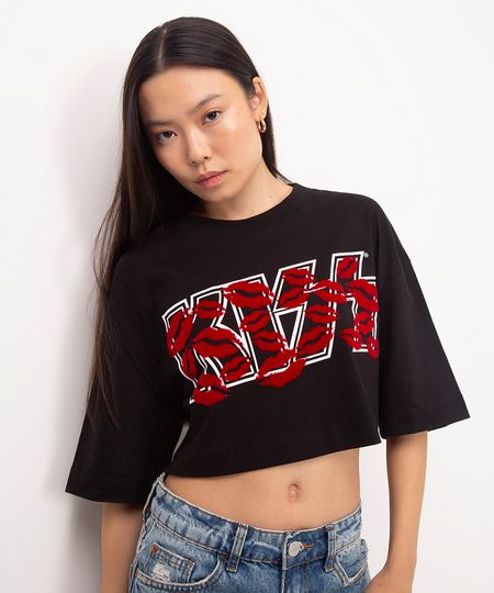 cropped de algodão manga curta kiss preto G cropped de algodão manga curta kiss preto G