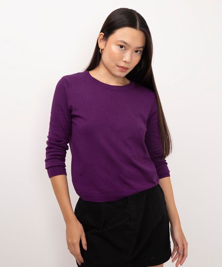 suéter de tricô básico decote redondo roxo P