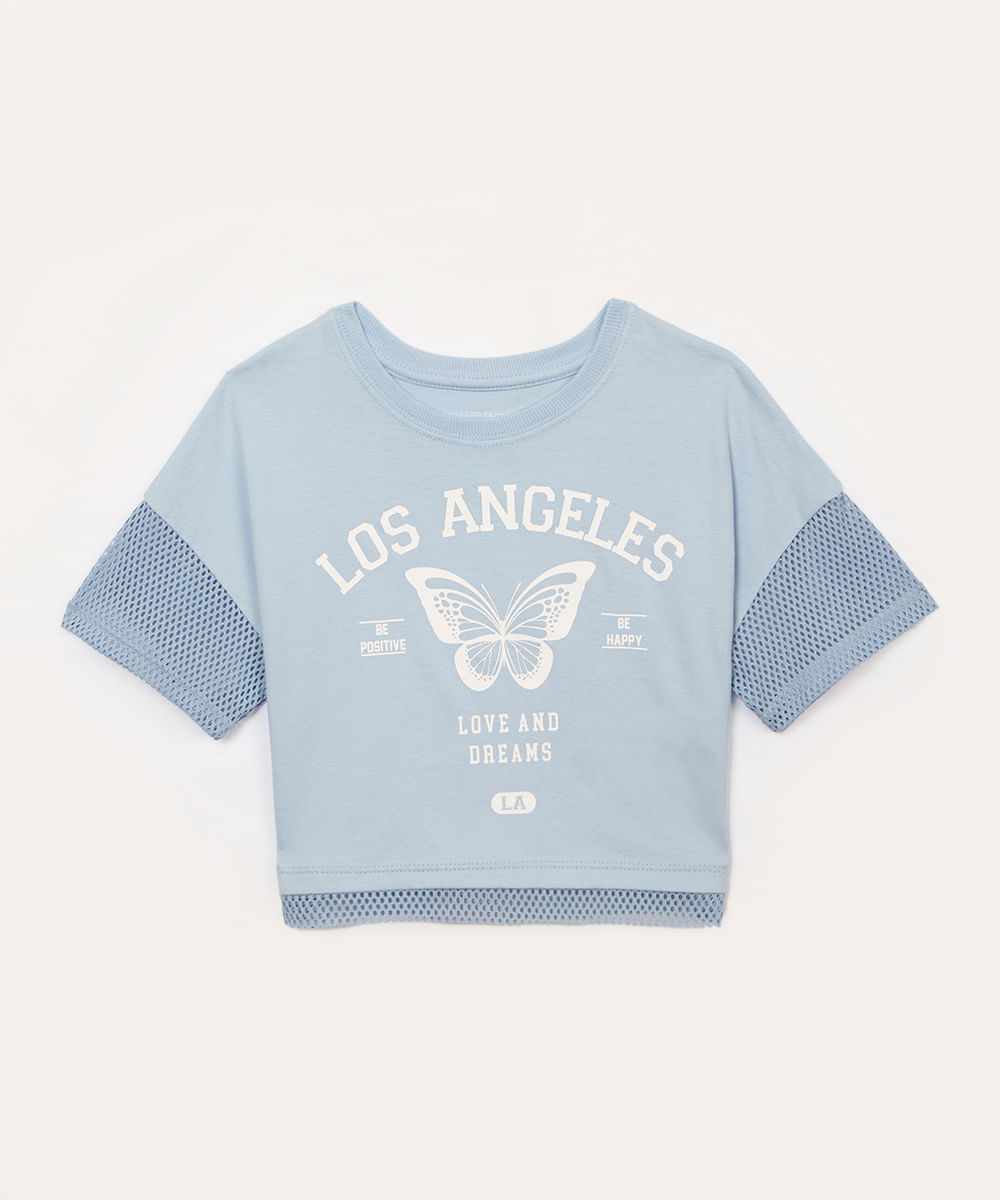 blusa de algodão infantil los angeles com tela azul claro