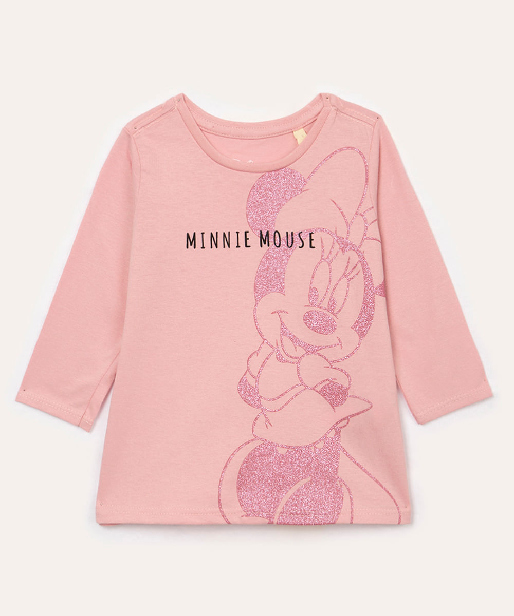 blusa infantil manga longa minnie mouse rosa