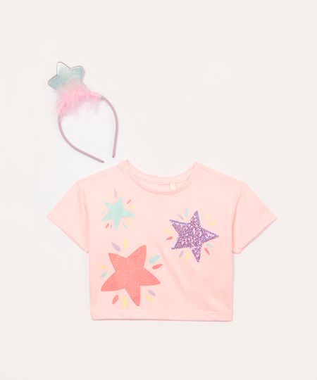 camiseta de algodão infantil estrelas com tiara rosa 1