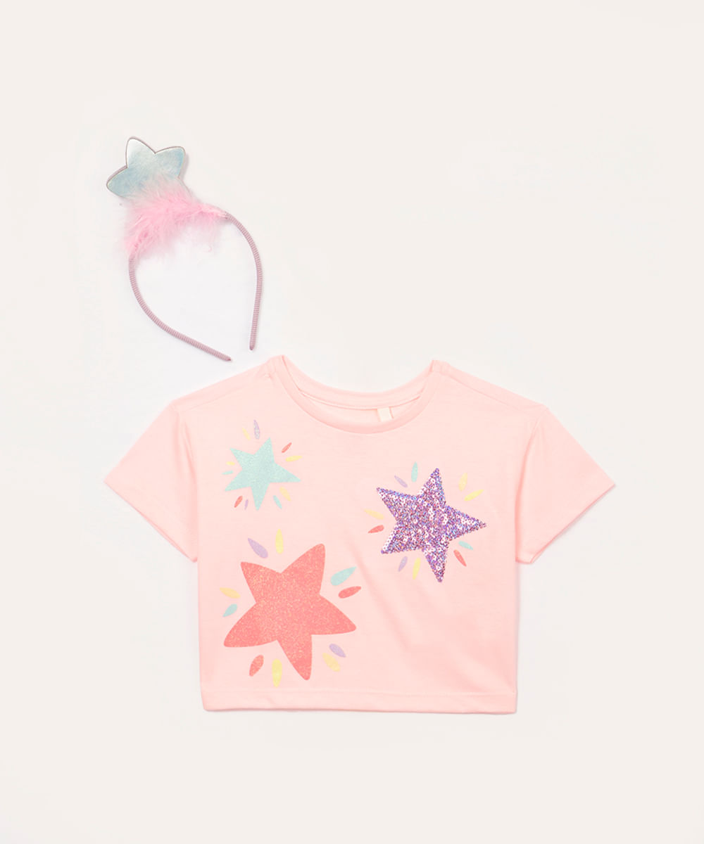 camiseta de algodão infantil estrelas com tiara rosa