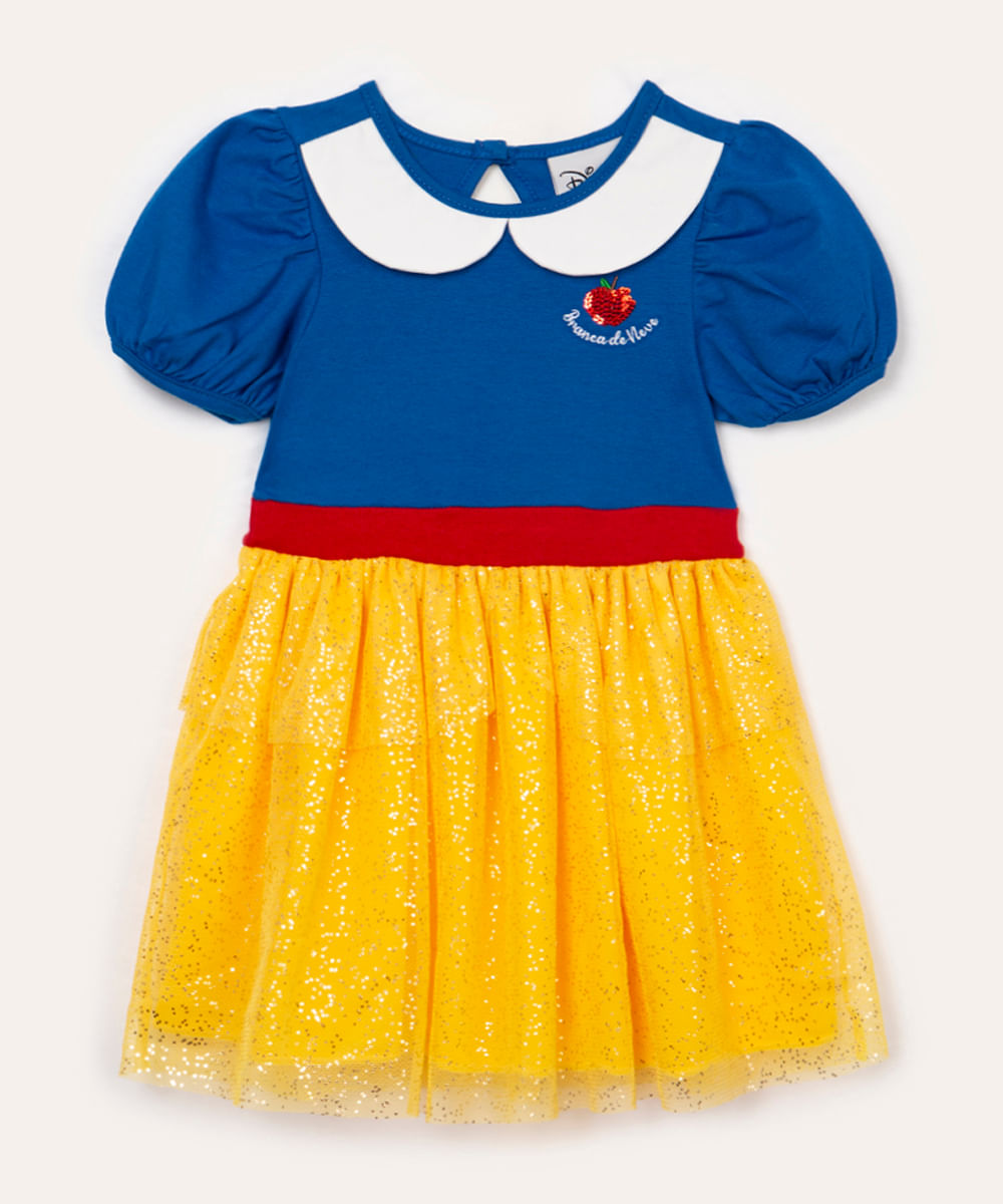 vestido de algodão infantil branca de neve azul