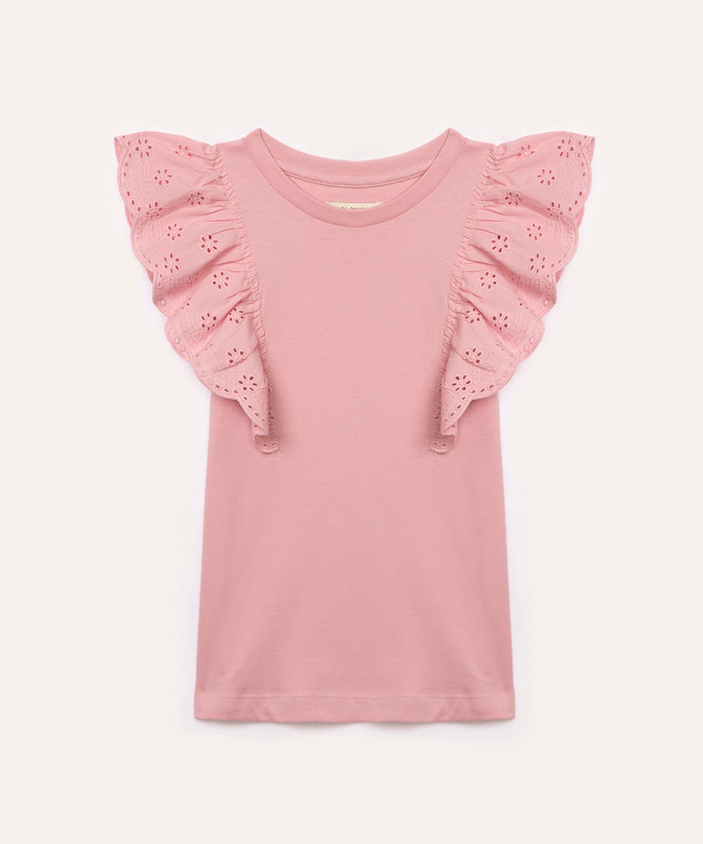 blusa de algodão infantil com babado de laise rosa