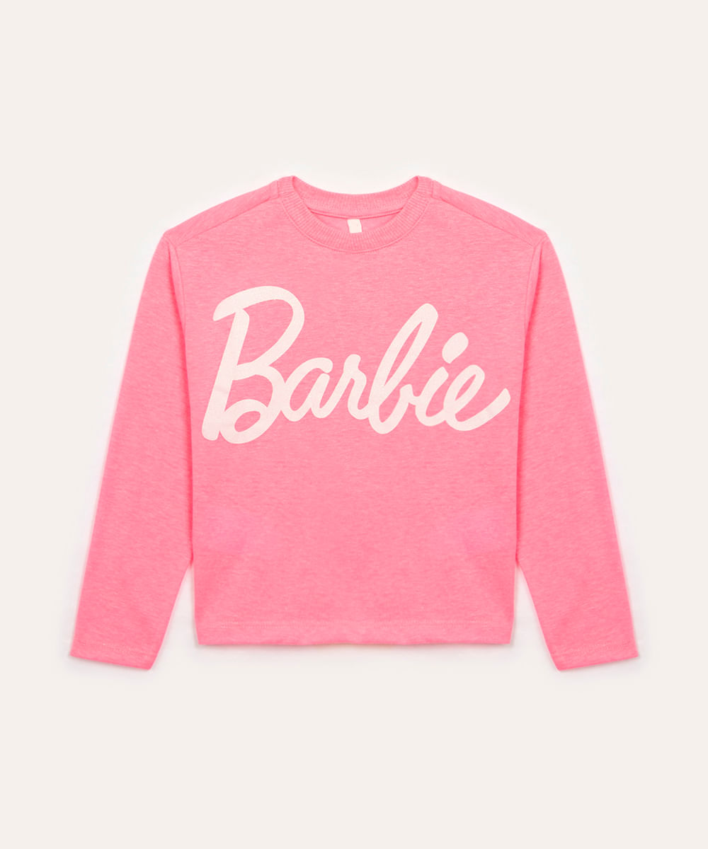 blusa infantil barbie glitter manga longa rosa