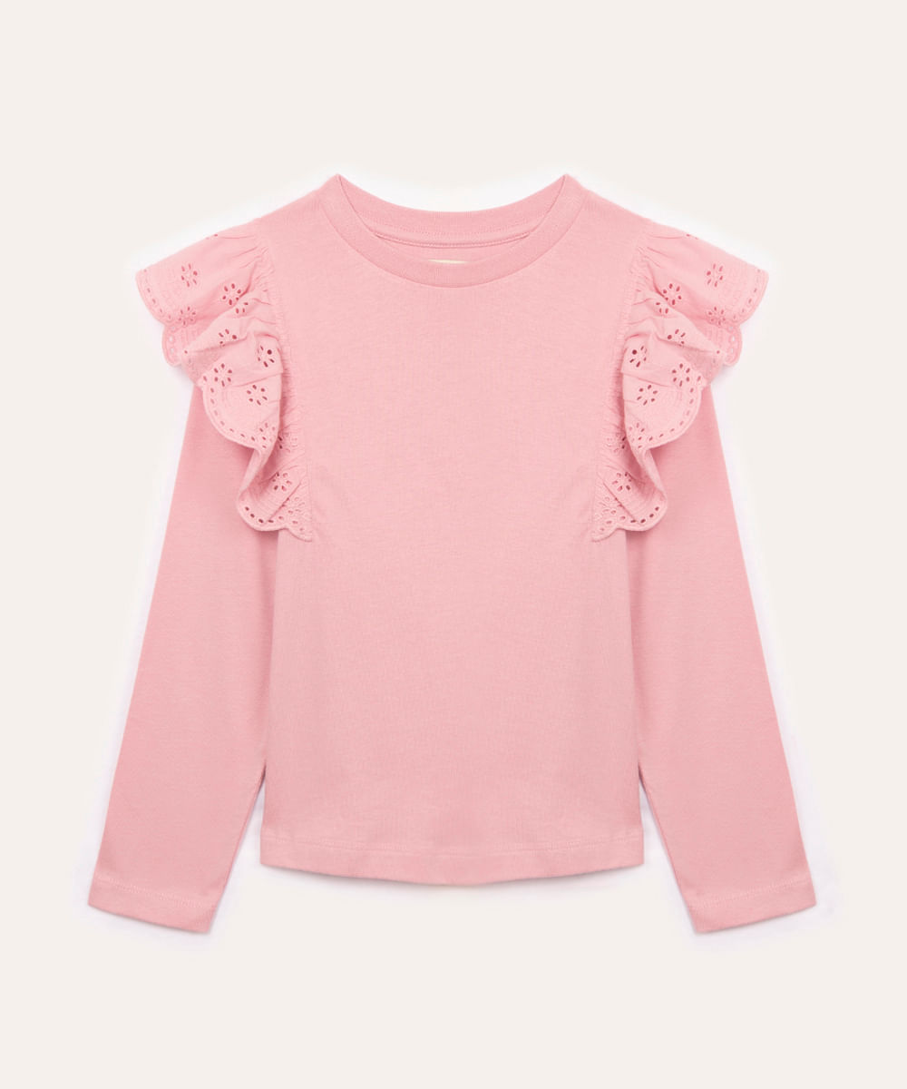 blusa infantil manga longa babado laise rosa