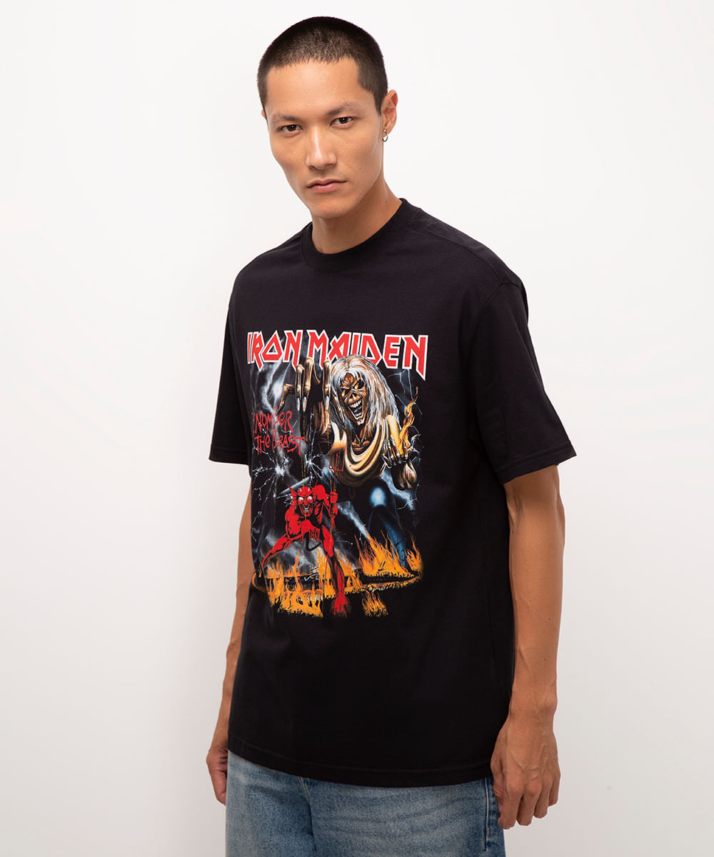 camiseta de algodão iron maiden manga curta preta