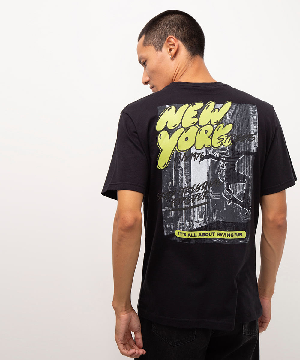 camisa de algodão new york manga curta preto